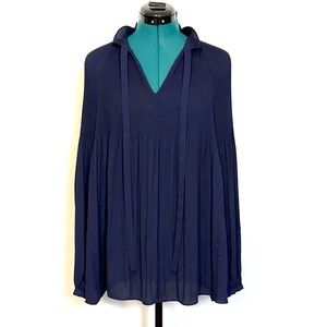 Lauren Ralph Lauren Navy Blue Pleated V-Neck Tie Blouse Long Sleeve Top 0617